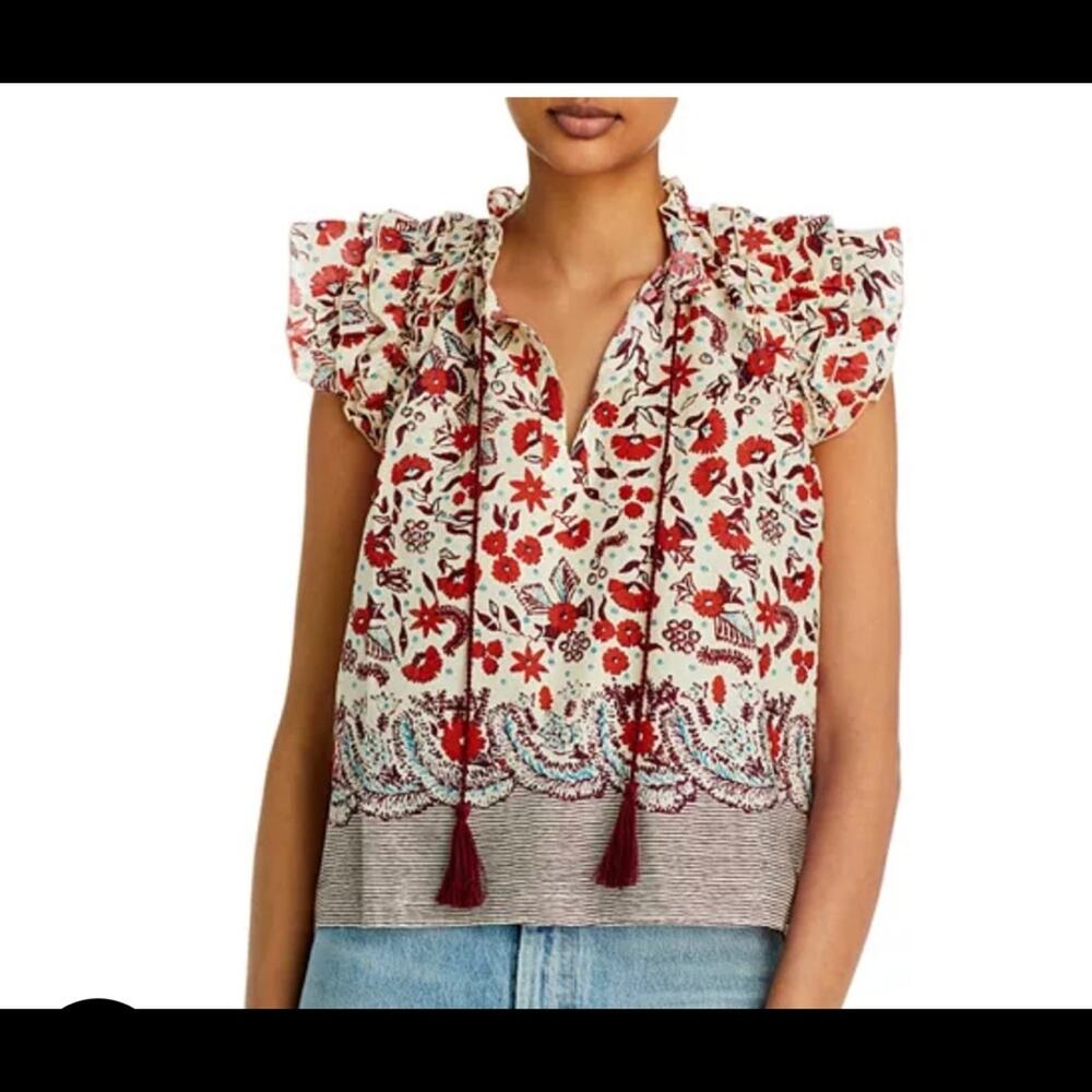 Kourt Women's Tan Floral Flutter Sleeve Tassel Cotton Blouse Top size Large Nwt
